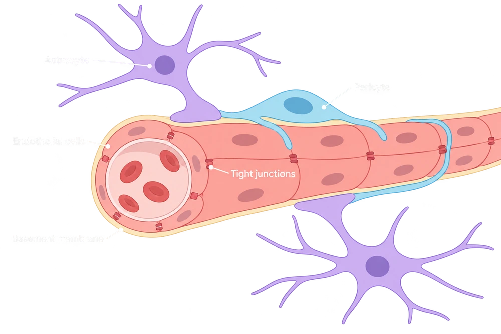 Blood-brain barrier schematic with an endothelial layer, cell junctions, a pericyte and astrocyte processes between the blood and brain sides.
