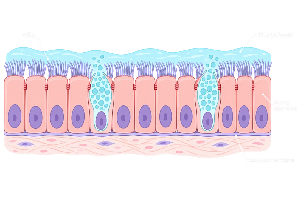 Flat scientific illustration of ciliated airway epithelium with mucus-secreting cells and a basement membrane.